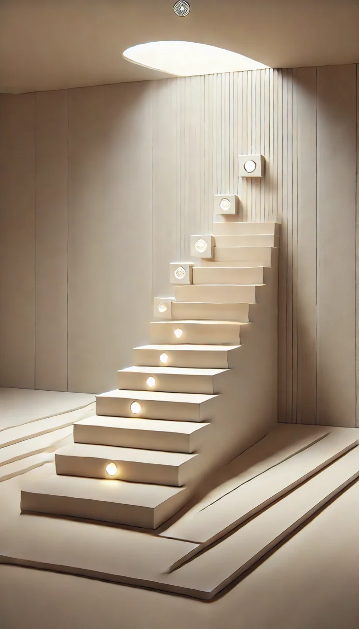 DALL·E 2024-11-04 19.46.26 - A realistic, photograph-like vertical image symbolizing the 'Method of the 7 Steps' for personal growth, without a natural environment. The image show